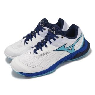 【MIZUNO 美津濃】羽球鞋 Wave Fang 2 男鞋 寬楦 白 藍 襪套 高回彈 室內運動 運動鞋 美津濃(71GA2313-02)
