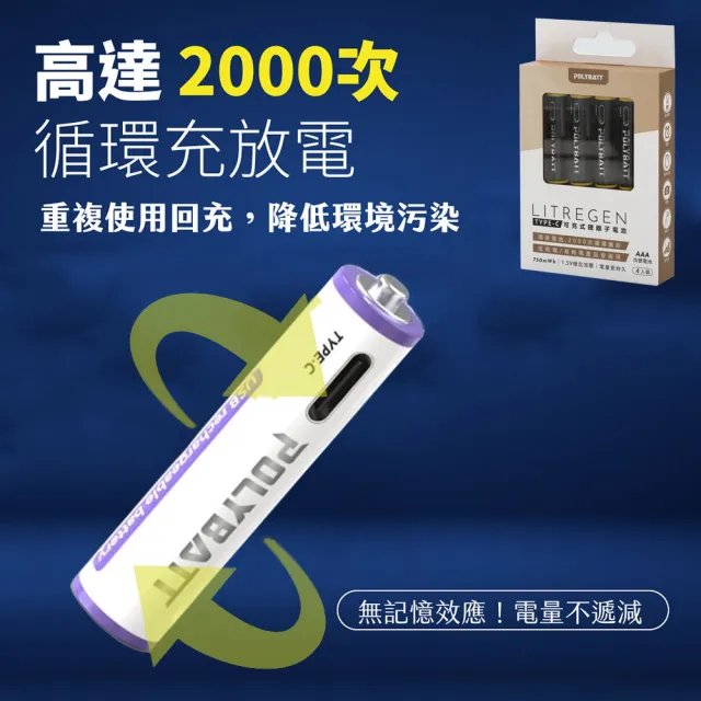 【POLYBATT】4號AAA USB充電式電池 750mWh 充電鋰電池(附一對四充電線)