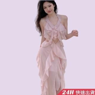 【AS 假日泳裝】女裝 禮服 仙女 美背洋裝 開叉吊帶裙 荷葉邊洋裝 氣質連身裙 顯瘦洋裝 海邊度假 C6619