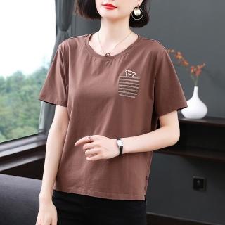 【Paiya 派亞】洋氣大碼媽媽夏裝短袖棉綢T恤中年女裝刺繡上衣(M-4XL)