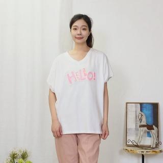 【Hana Mokuba】花木馬日系女裝V領寬鬆連袖亮片貼布休閒T恤(T恤)