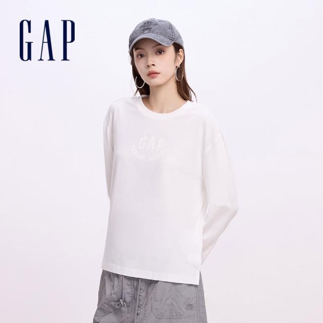 【GAP】女裝 Logo純棉印花圓領長袖T恤-白色(637566)