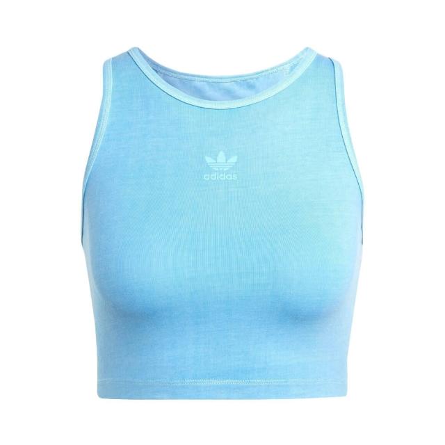 【adidas 愛迪達】ESS+ Crop Tank 女 短版 背心 運動 休閒 日常 舒適 基本款 水藍(IR6001)