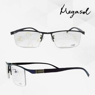 【MEGASOL】斯文青中性眉框漸進多焦老花眼鏡變色墨鏡太陽眼鏡(氣質書生半框-JJBS01-DB深藍色)