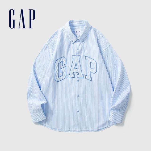 【GAP】男女同款 Logo純棉翻領長袖襯衫-藍色(461250)