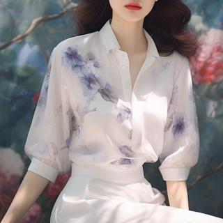 【Paiya 派亞】新中式女裝中國風藍色印花短袖襯衫雪紡衫上衣(S-2XL)