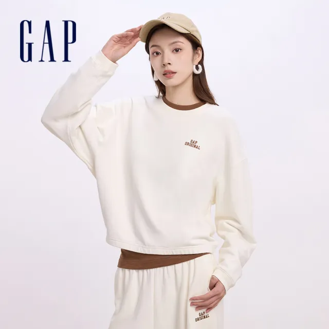 【GAP】女裝 Logo圓領長袖上衣-米白色(640250)