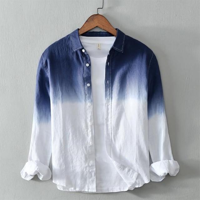 【巴黎精品】現貨+預購 襯衫長袖上衣(漸變拼色亞麻透氣男裝2色a1et6)