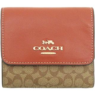 【COACH】紅棕X卡其PVC滿版LOGO三折式零錢袋短夾