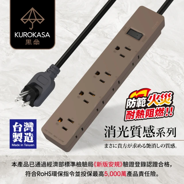 iPlus+ 保護傘 1切8座3P+2P延長線4.5M-黑傘消光系列(KU-3185-15-LT)