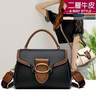 【Amay Style 艾美時尚】女包 真皮包 斜揹包 拼色牛皮字母雙背帶手提側背方包(6色.預購)