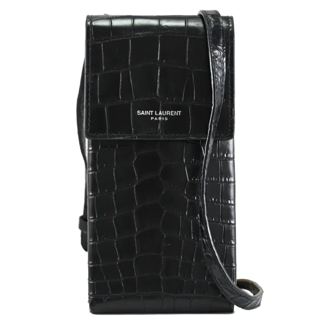 【YSL】經典燙銀LOGO鱷魚壓紋翻蓋手機包斜背包(黑)