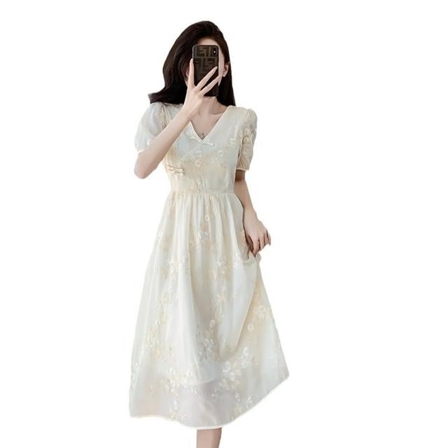 【巴黎精品】現貨+預購 長洋裝連身裙(泡泡袖V領刺繡收腰女裙子v1bp1)