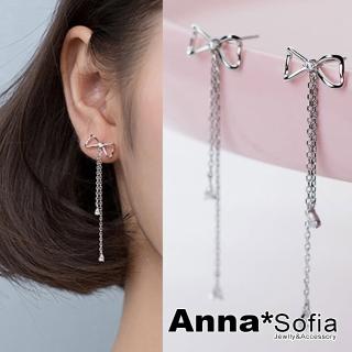 【AnnaSofia】925純銀針耳針耳環-立體線蝶結雙垂鑽 現貨 送禮(銀系)