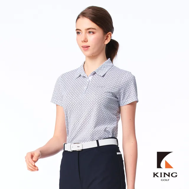 【KING GOLF】實體同步款-女款滿版圈圈KG印花立體刺繡透氣涼感開襟短袖POLO衫/高爾夫球衫(藍色)