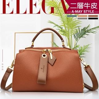 【艾美時尚】真皮女包 側肩包 斜揹包 小包 拼色牛皮雙背帶手提肩背波士頓包(5色.預購)