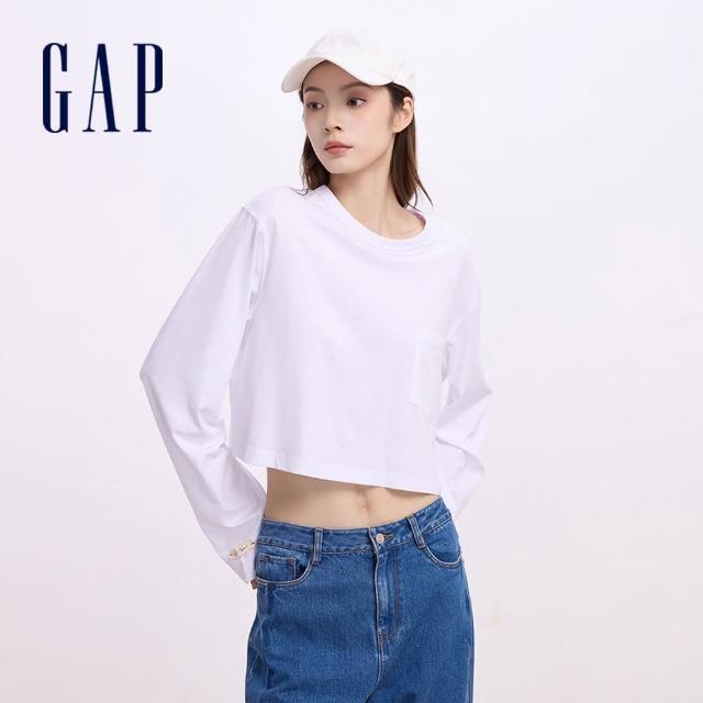 【GAP】女裝 純棉圓領長袖T恤-白色(639096)