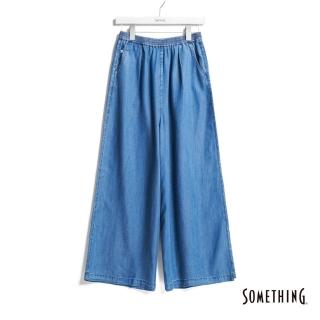 【SOMETHING】女裝 萊賽爾鬆緊超寬牛仔褲(中古藍)