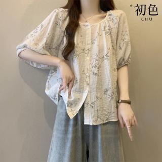 【初色】新中式國風墨竹印花單排釦圓領短袖燈籠袖襯衫娃娃衫上衣女上衣-白色-36452(M-2XL可選)
