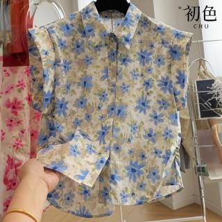 【初色】甜美風棉麻碎花印花單排釦寬鬆短袖喇叭袖襯衫上衣女上衣-共2色-36453(M-2XL可選)
