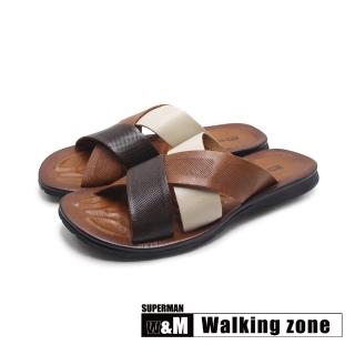 【WALKING ZONE】男 SUPERMAN系列 真皮混色交叉帶舒適拖鞋 男鞋(棕色)