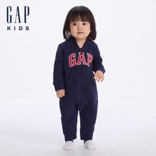 【GAP】嬰兒裝 Logo刺繡刷毛熊耳造型帽長袖包屁衣/連身衣-海軍藍(644733)