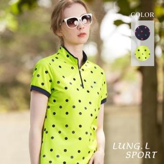 【LUNG.L 林佳樺】LQ16A芥末黃/藍色波卡圓點小立領短袖上衣(吸溼排汗機能)