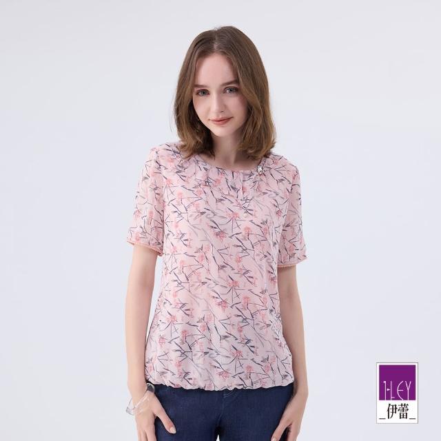 【ILEY 伊蕾】荷葉精緻縫飾印花雪紡上衣(粉色；M-XL；1242181427)