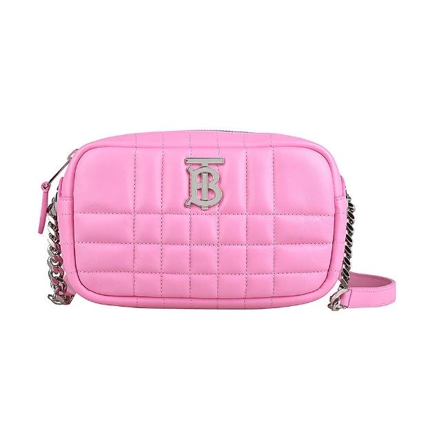 【BURBERRY 巴寶莉】BURBERRY LOLA TB銀字LOGO絎縫設計羊皮拉鍊斜背包(迷你/櫻草花粉)