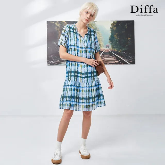 【Diffa】歐風時尚藍綠格短袖連身洋裝-女