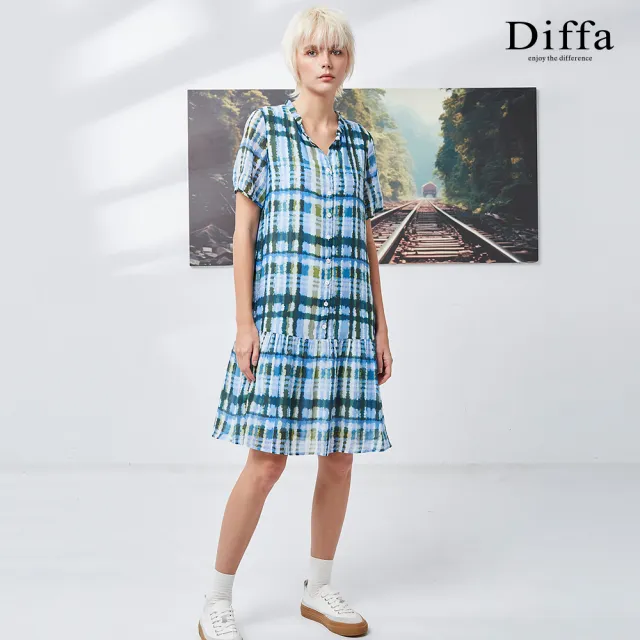 【Diffa】歐風時尚藍綠格短袖連身洋裝-女