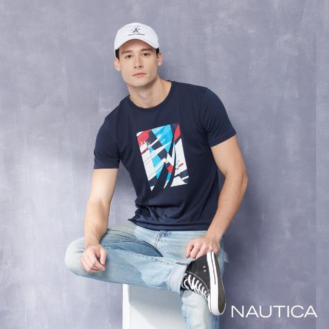 【NAUTICA】男裝 品牌LOGO抽象印花短袖T恤(深藍色)