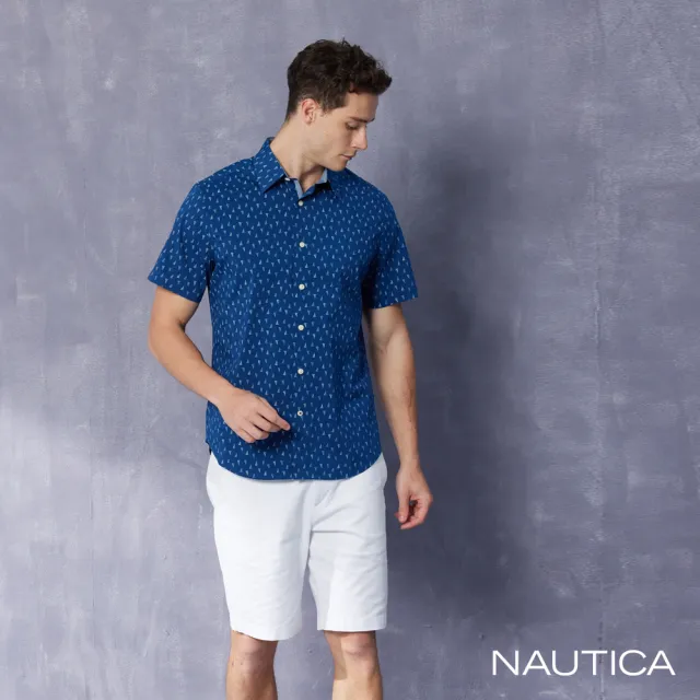 【NAUTICA】男裝 滿版帆船印花透氣短袖襯衫(深藍色)