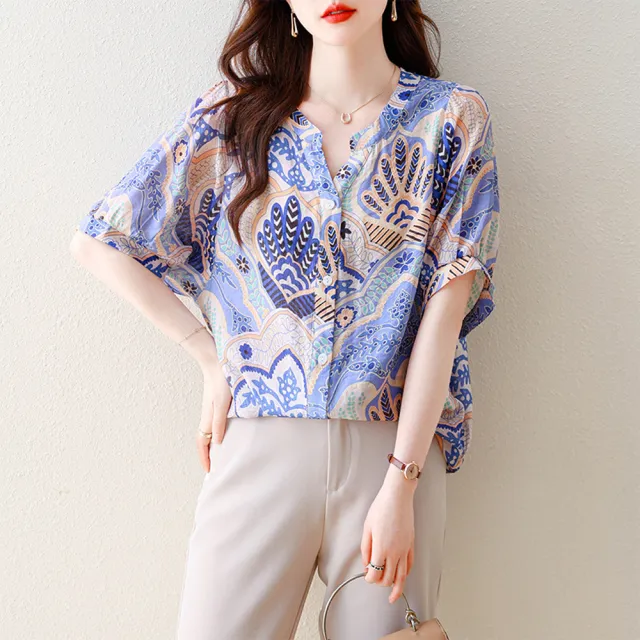 【ALLK 歐楷】新品 印花雪紡衫長上衣 藍色花(尺寸L-XXL/中大尺碼/涼爽/透氣)
