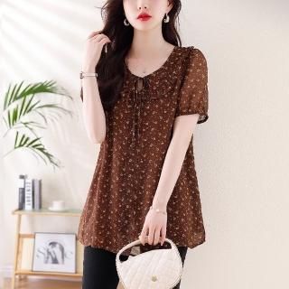 【ALLK 歐楷】新品 碎花雪紡衫長上衣 咖啡色(尺寸L-XXL/中大尺碼/涼爽/透氣)