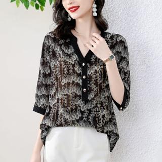 【ALLK 歐楷】新品 印花雪紡衫長上衣 黑色(尺寸L-XXL/中大尺碼/涼爽/透氣)