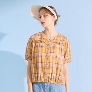 【YUTZUYA 優姿雅】鄰家少女撞色格紋輕薄棉質上衣(短袖/半開襟排釦造型/小蓬袖/高彈鬆緊縮襬/前短後長)