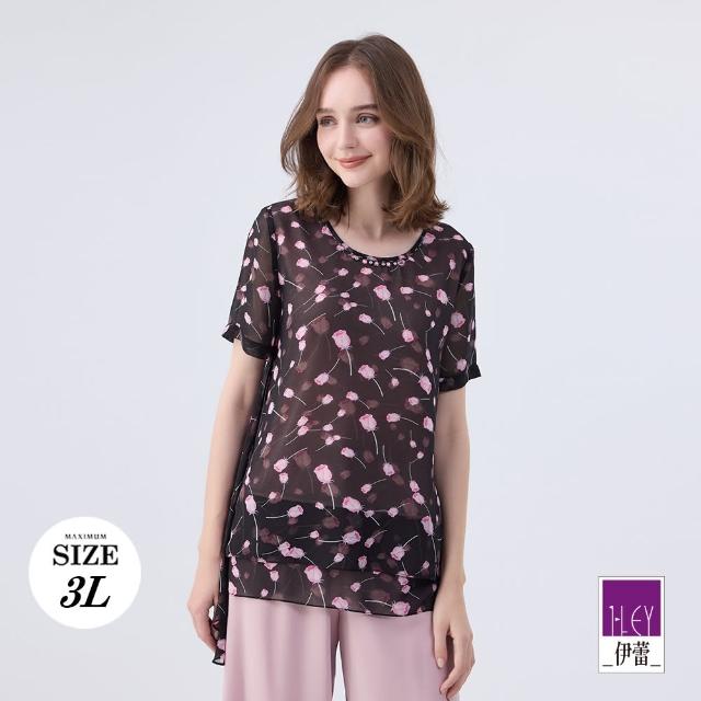 【ILEY 伊蕾】甜美花漾印花雪紡上衣(黑色；L-3L；1242181429)