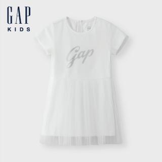【GAP】女幼童裝 Logo圓領短袖紗裙洋裝-白色(466787)
