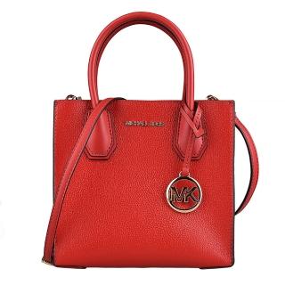 【Michael Kors】MK MICHAEL KORS MERCER 金屬LOGO牛皮手提斜揹包(中/火焰紅)