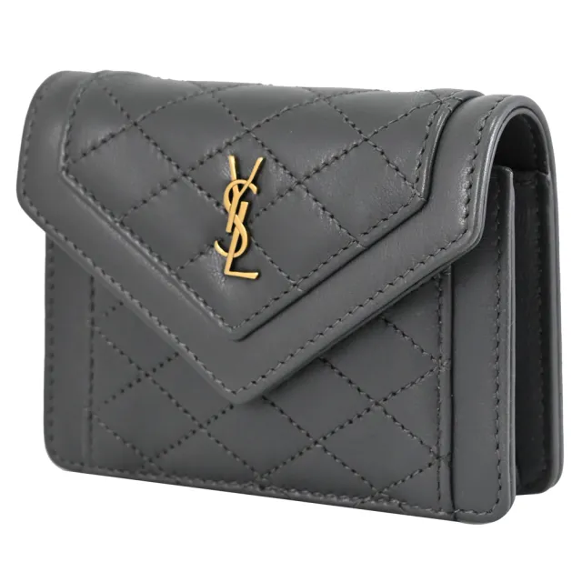 【YSL】Gaby Mini 金屬LOGO菱格縫線超迷你斜背卡片零錢包小廢包(灰)