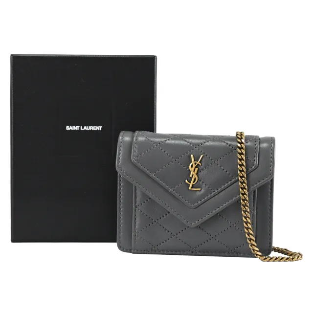 【YSL】Gaby Mini 金屬LOGO菱格縫線超迷你斜背卡片零錢包小廢包(灰)