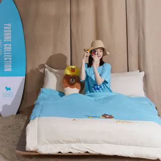 【YVONNE 以旺傢飾】100%美國棉四季被-好友衝浪 晴空藍 LINE FRIENDS(4x5呎 純棉 棉被 水洗)