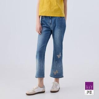 【ILEY 伊蕾】亮片刺繡棉質微喇牛仔褲(淺藍色；M-XL；1242338618)