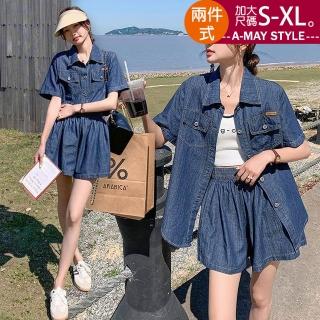 【Amay Style 艾美時尚】中大尺碼女裝 丹寧 夏日渡假休閒舒適牛仔襯衫短褲套裝。S-XL(套裝.預購)