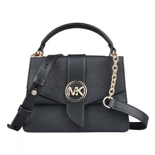 【Michael Kors】MK MICHAEL KORS GREENWICH金字LOGO璇扣十字紋防刮牛皮拼牛皮手提斜揹包(小/黑)