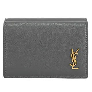 【YSL】品牌金屬YSL字母LOGO小牛皮三折雙面零錢短夾(灰)