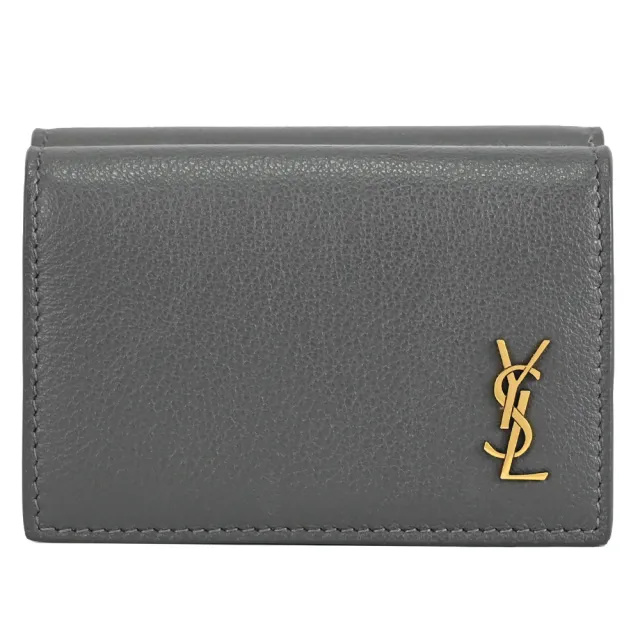 【YSL】品牌金屬YSL字母LOGO小牛皮三折雙面零錢短夾(灰)