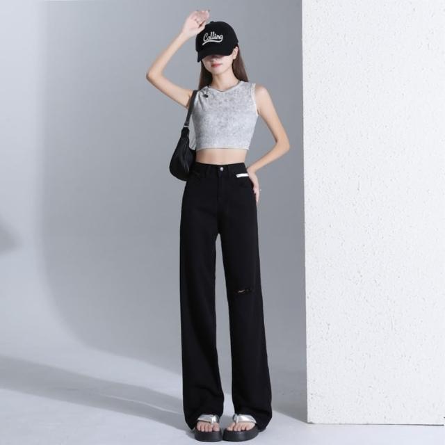【巴黎精品】現貨+預購 牛仔褲休閒長褲(高腰破洞拖地闊腿女褲子2款v1br20)