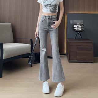 【巴黎精品】現貨+預購 牛仔褲休閒長褲(高腰彈力破洞微喇叭女褲子2款v1br16)